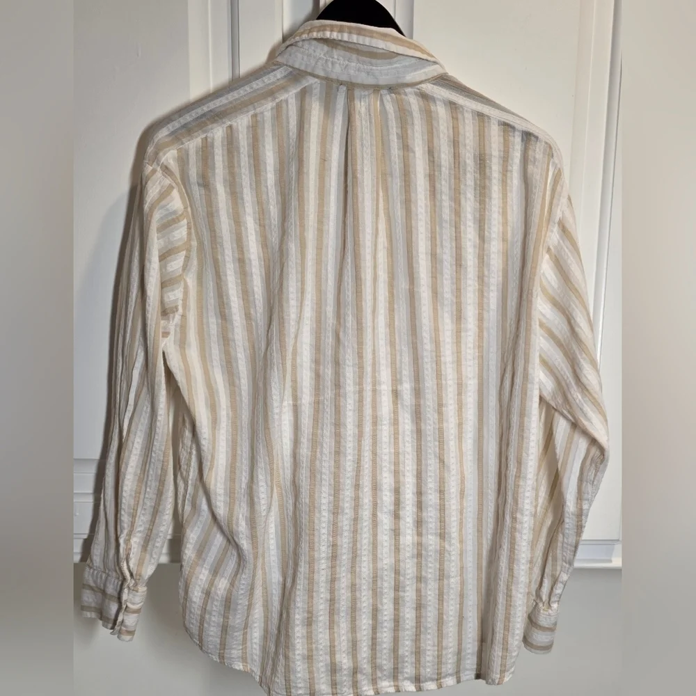 Beige Striped Button Down Shirt Lightweight Cotton Coastal Boho Oversized Top M